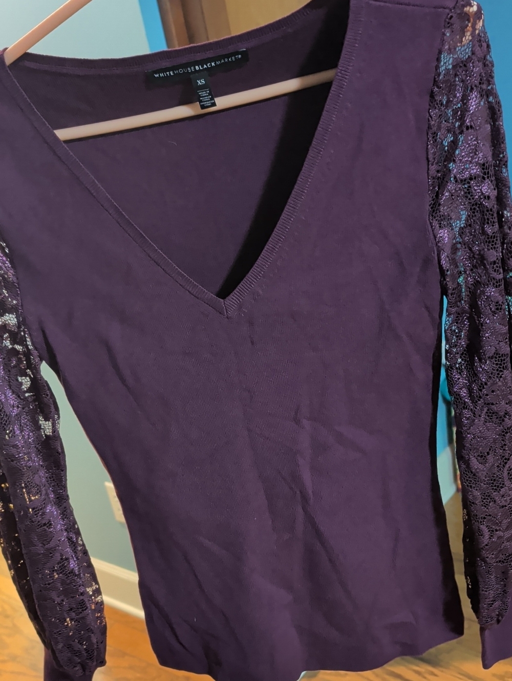 White House Black Market Plum V-Neck Top with Lace Sleeves